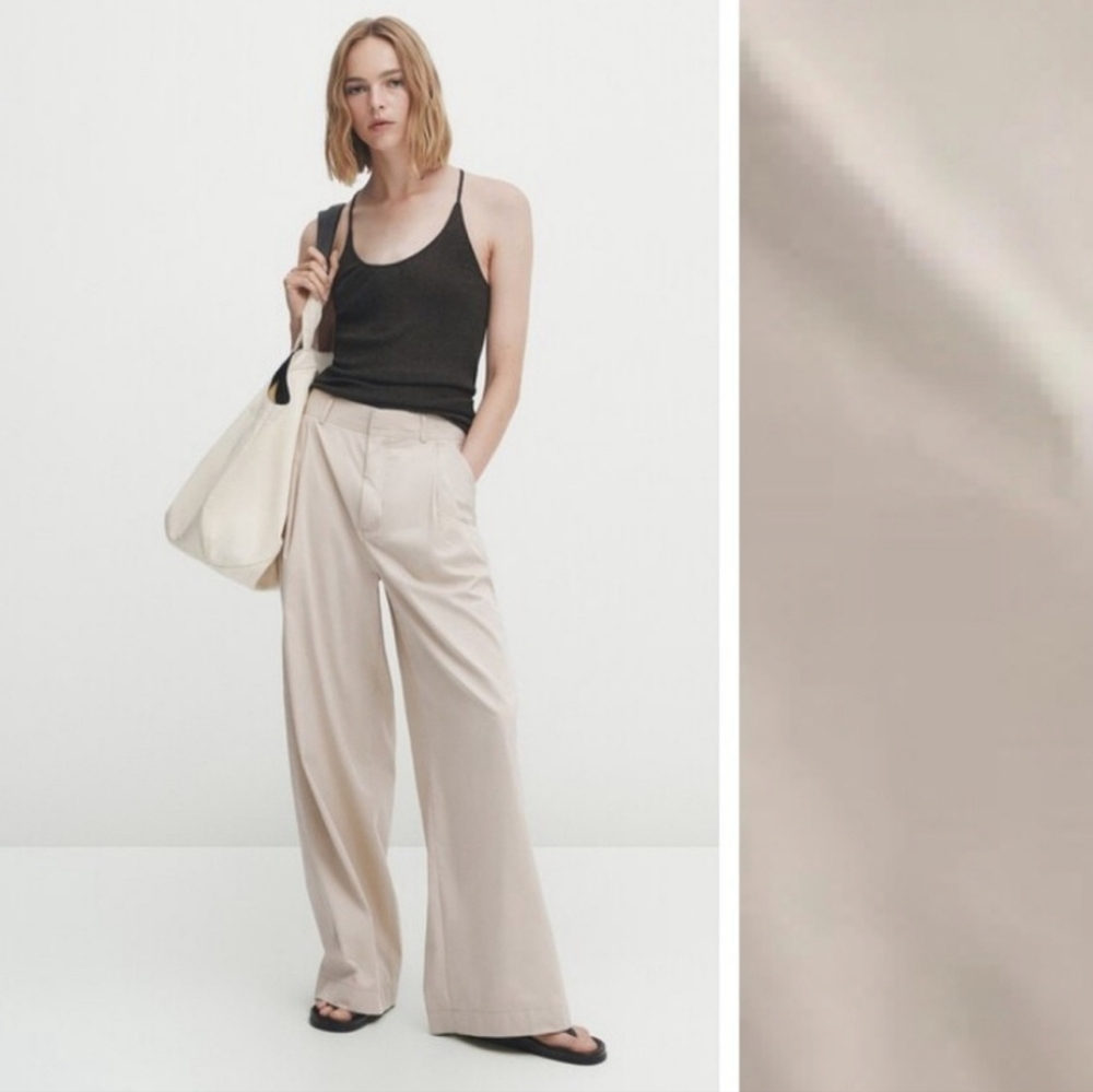 Massimo Dutti Sand Wide-Leg Poplin Trousers with Darts